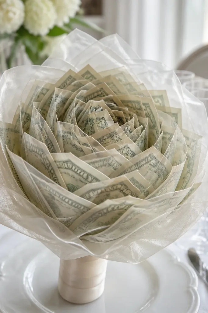 Peony-style money flowers with a sheer organza veil layer