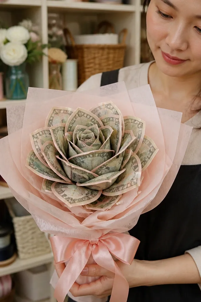 Money rose petals with thin ribbon edging and satin bow wrap