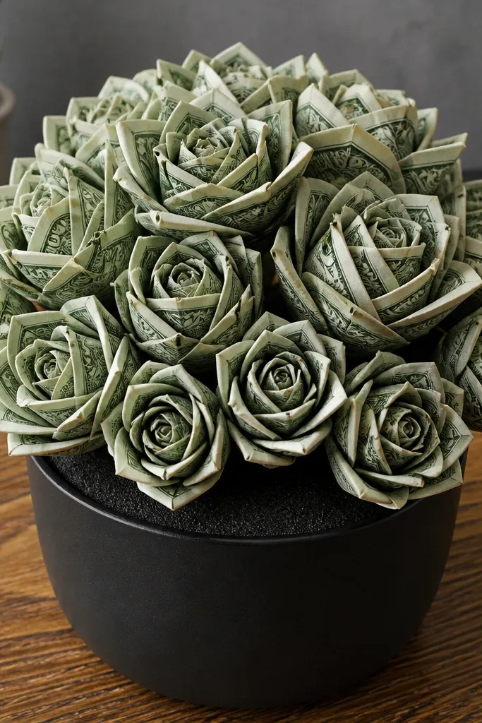 Succulent-style money blooms with rolled petal leaves and neutral twine wrap