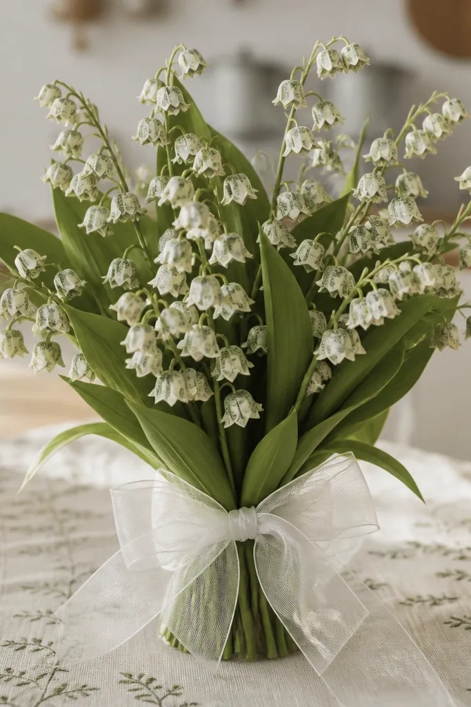 Tiny bell-shaped money flowers on thin stems with white ribbon