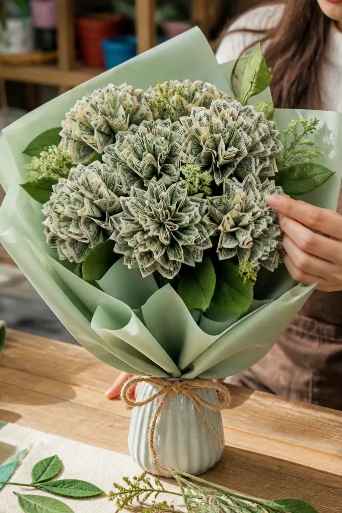 Puffy layered money carnation blooms with pastel ribbon wrap