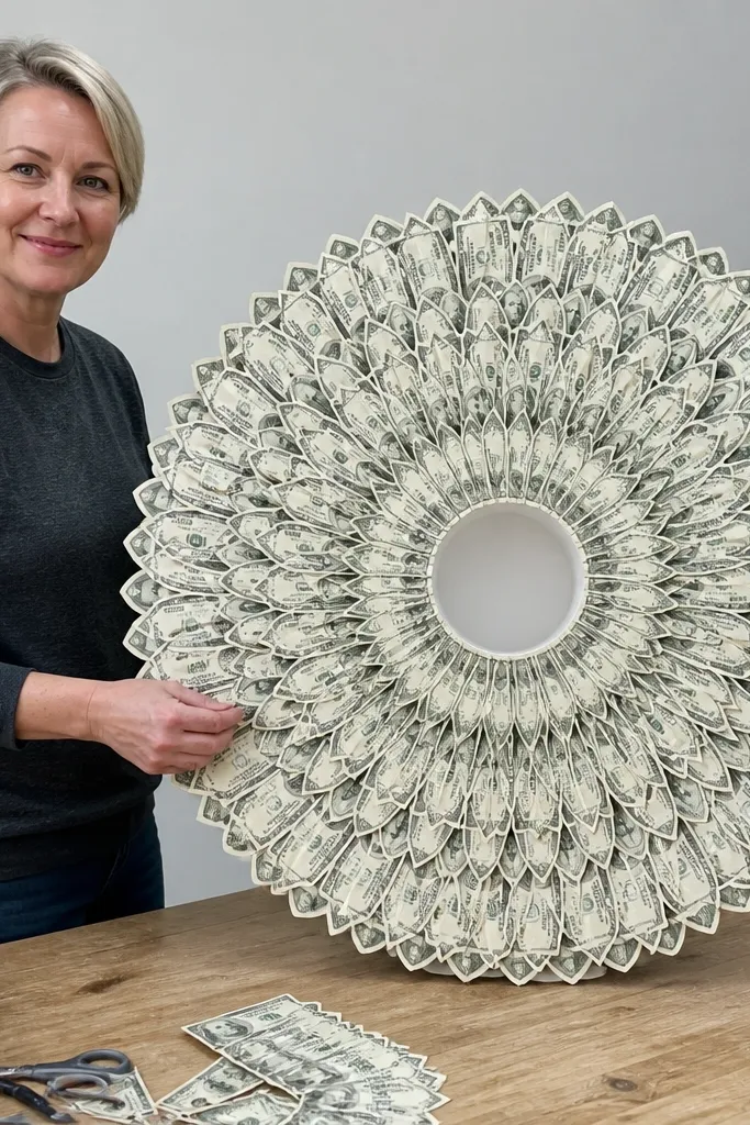 Money petal bouquet built on a foam ring with clean repeating petal pattern