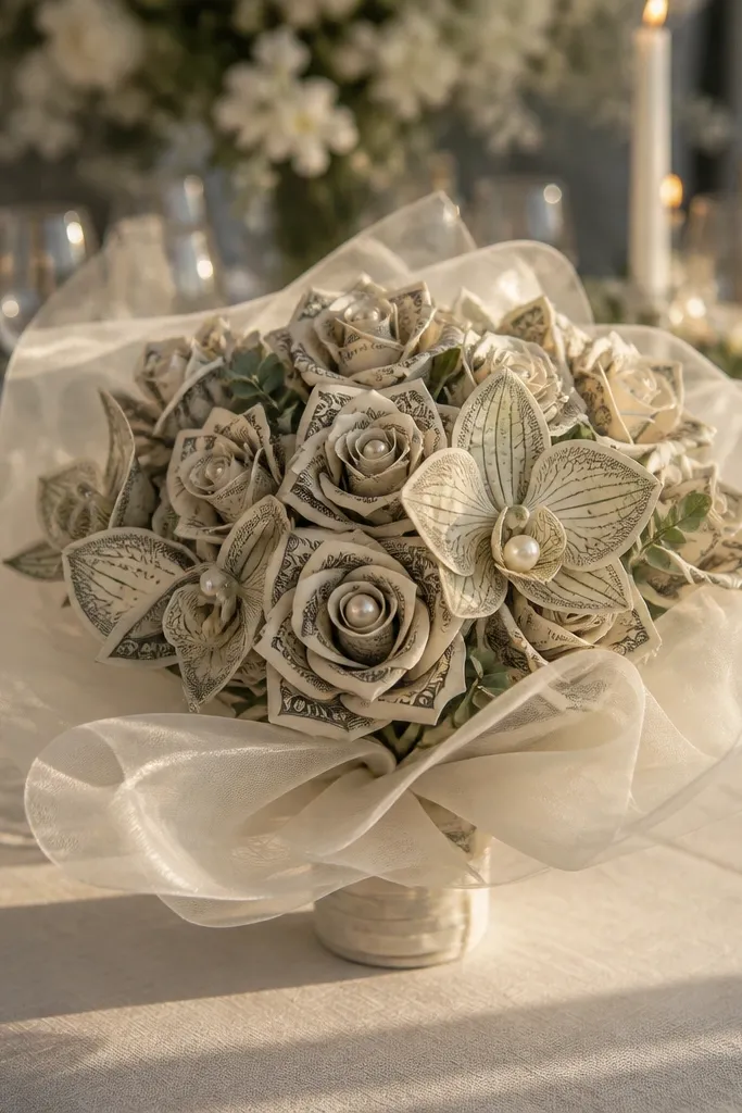White organza wrapped bouquet with money flowers and pearl-like center accents