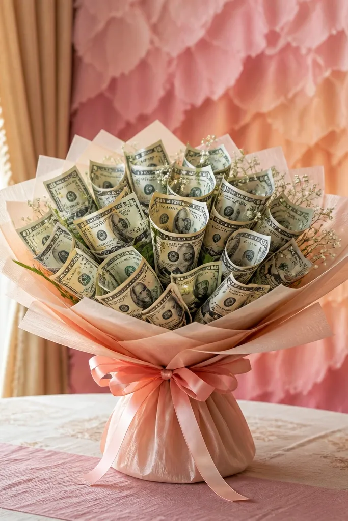 Money flowers framed by ombre tissue paper background and ribbon bow