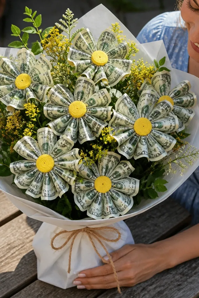 Money daisy blooms with small petal cutouts and simple ribbon wrap