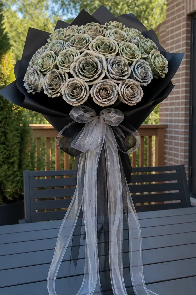Money rose bouquet with clear ribbon streamers hanging from the wrap
