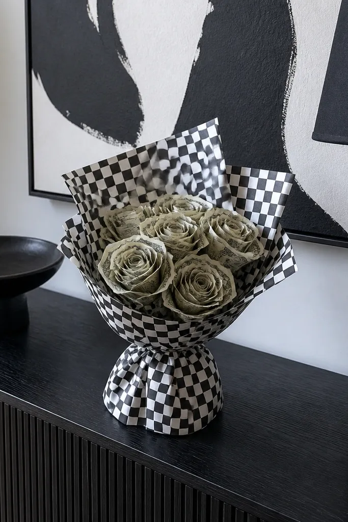 Money flower bouquet wrapped with black-and-white checker paper and black ribbon