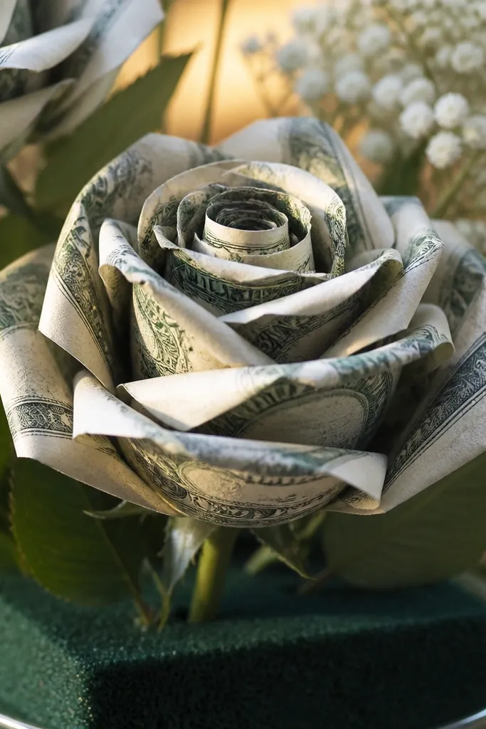 Rolled bill rose with tight red ribbon and green wire leaves