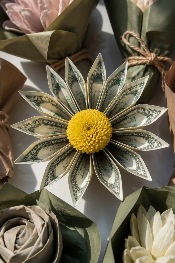 Cash daisy with many pinched petals and a bright yellow ribbon center