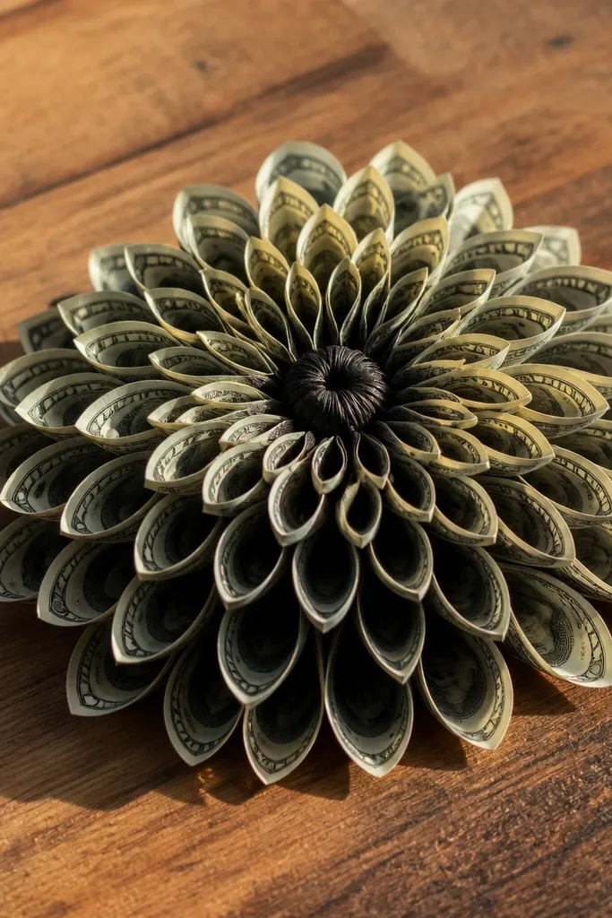 Sunflower made from layered bill spirals with dark center knot