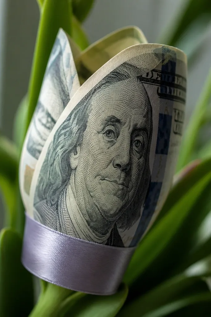 Tulip-like cash flower with flat bill petals and green stem wrap