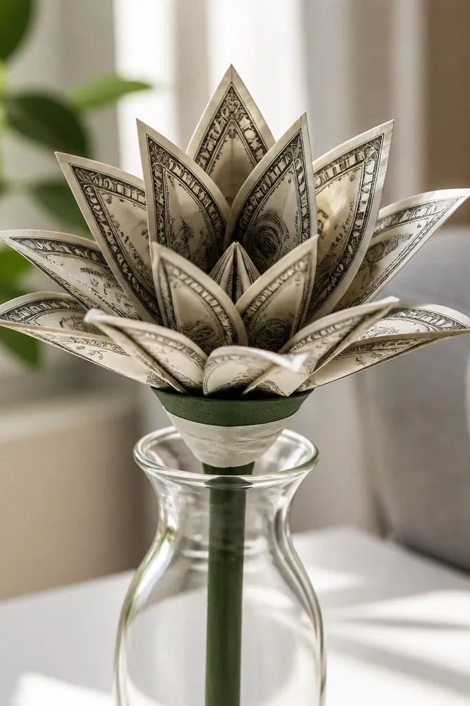 Cash lily flower with triangular layered petals and white ribbon stem wrap