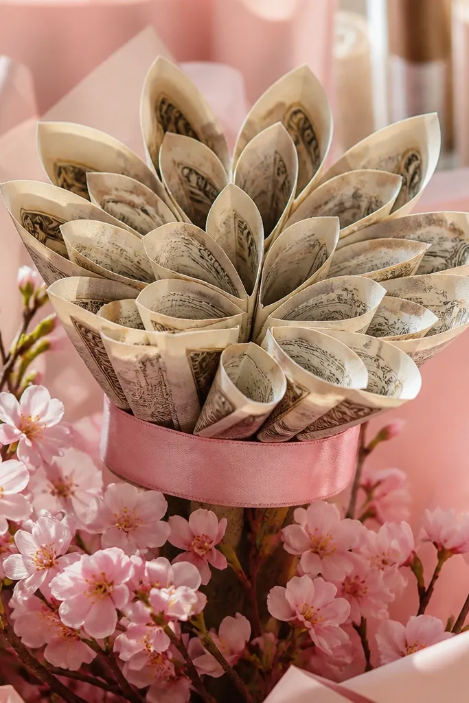 Cherry blossom money flower with soft pink ribbon and twisted petal loops