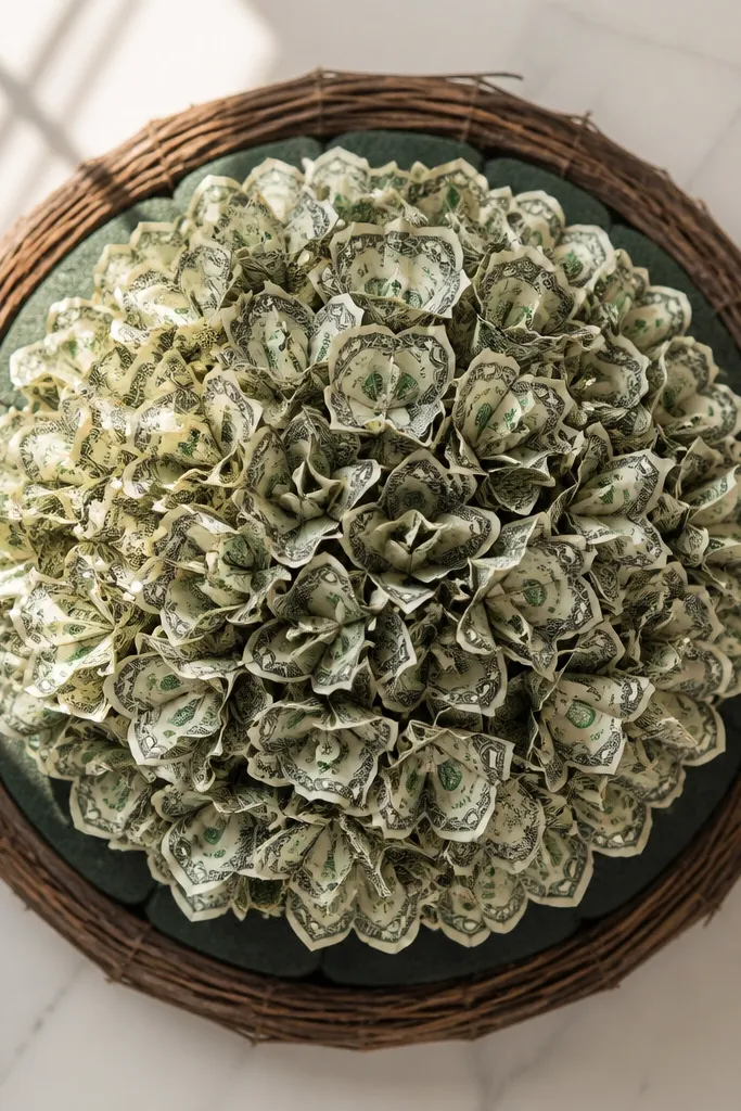 Hydrangea-style money cluster with many small square petals