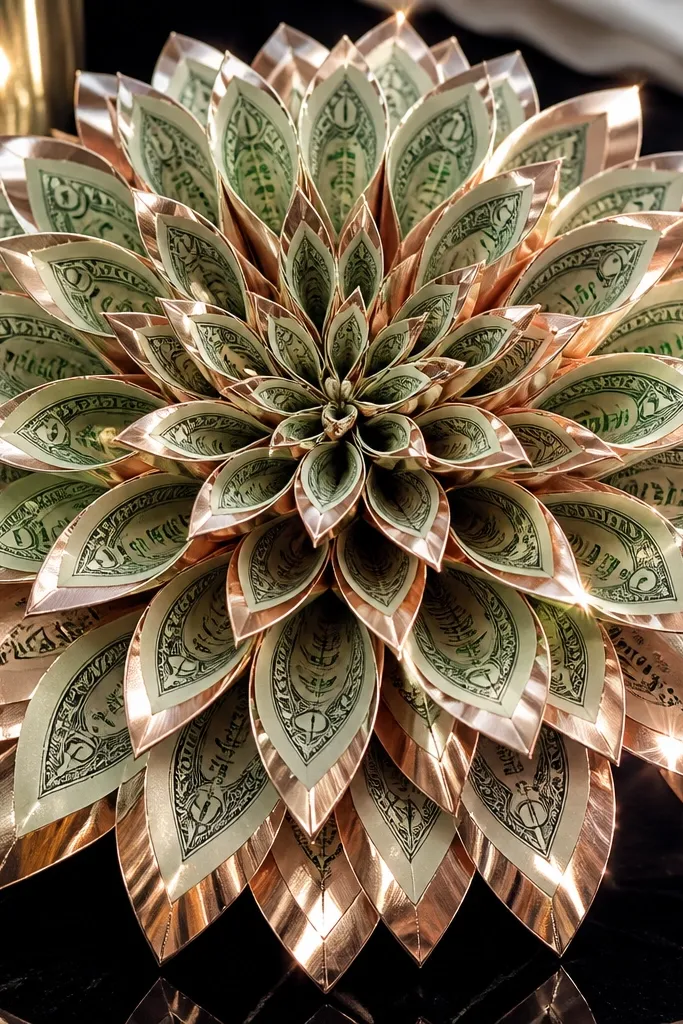 Dahlia-like cash flower with metallic ribbon bands and layered petals