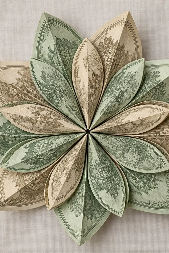 Two-tone cash flower with alternating panels and clean ribbon stem
