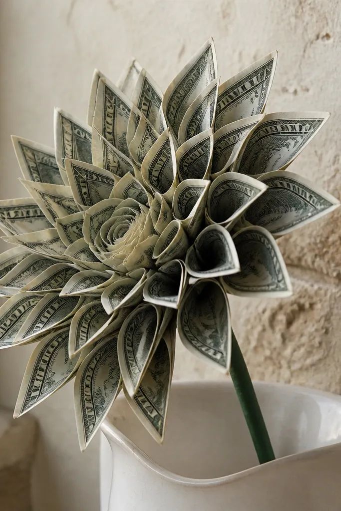 Pinwheel cash peony with pinched back folds and layered bill petals