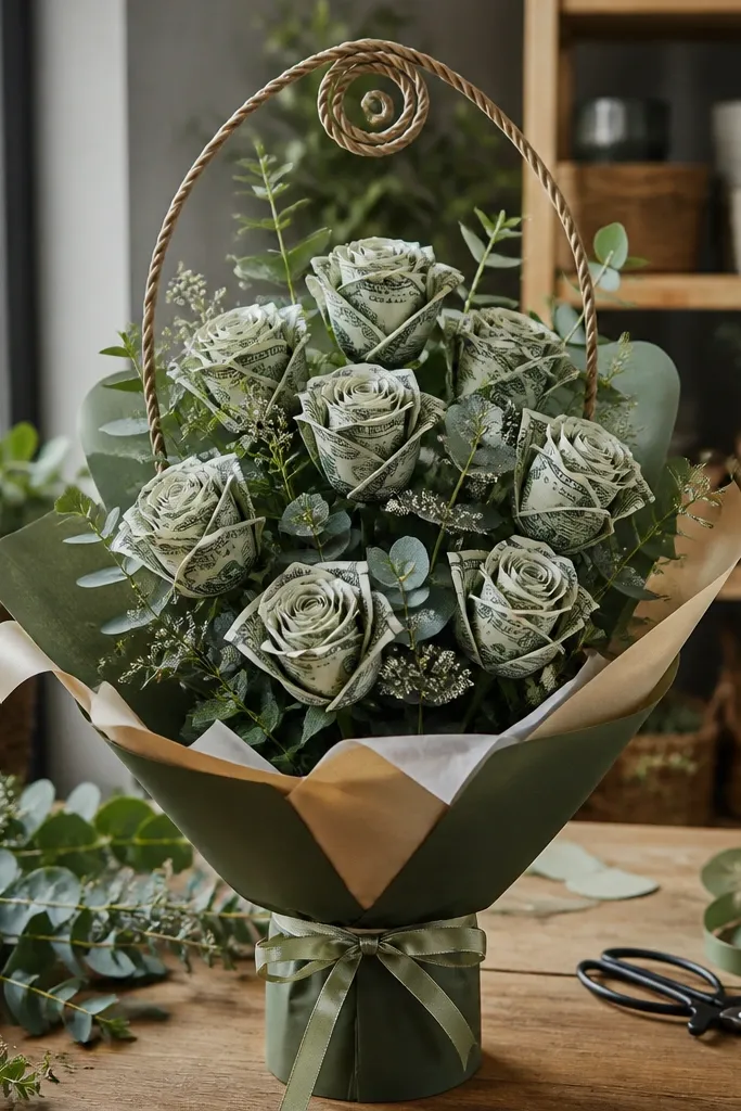 Mini cash rose buds on a twisted wire handle bouquet
