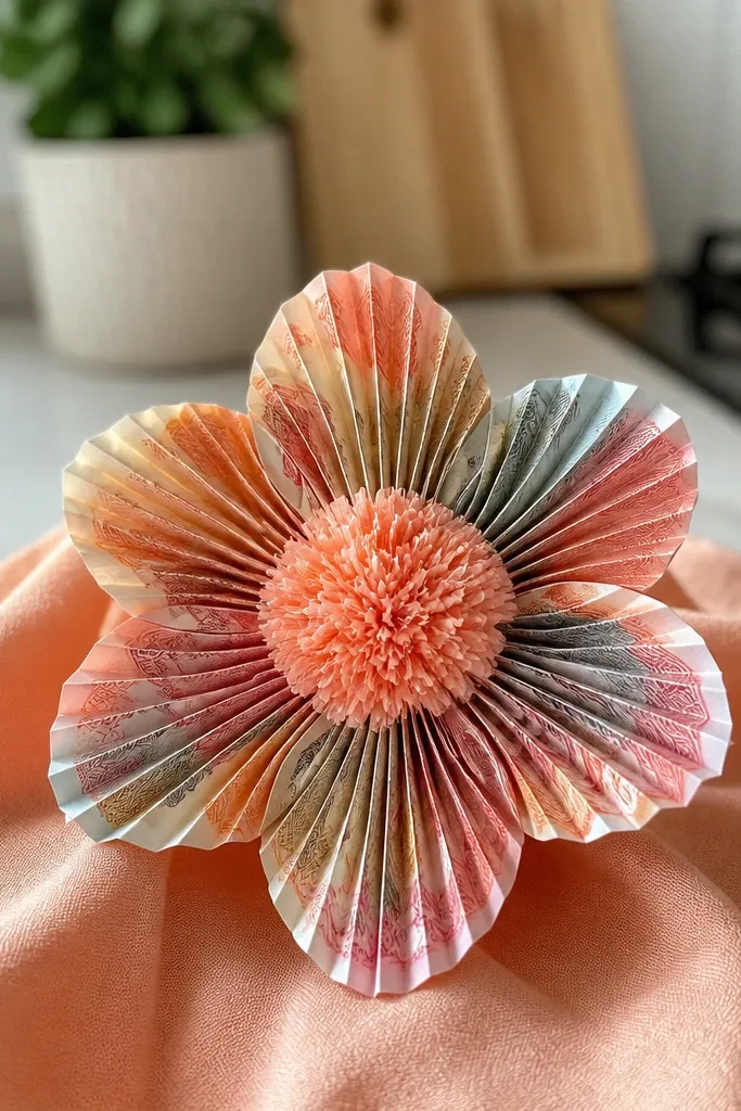 Money flower with pleated fan petals and a small coin-like center