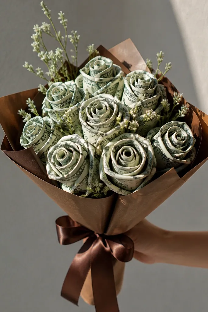Spiral cash roses wrapped with brown ribbon in a small bouquet