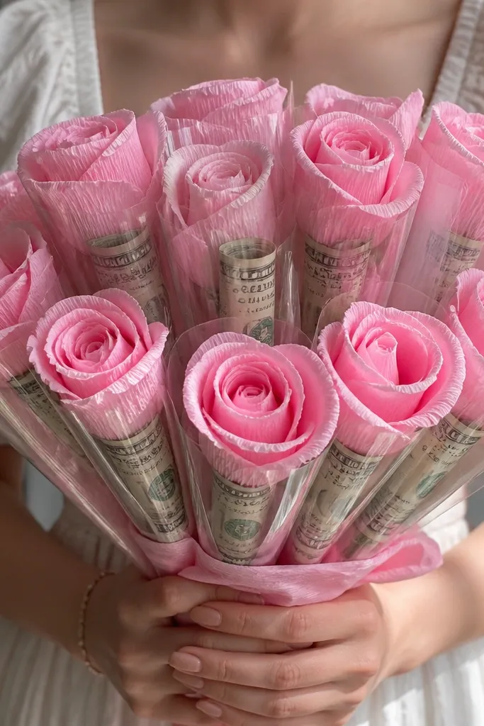 Transparent pocket roses holding folded bills with pink crepe petals