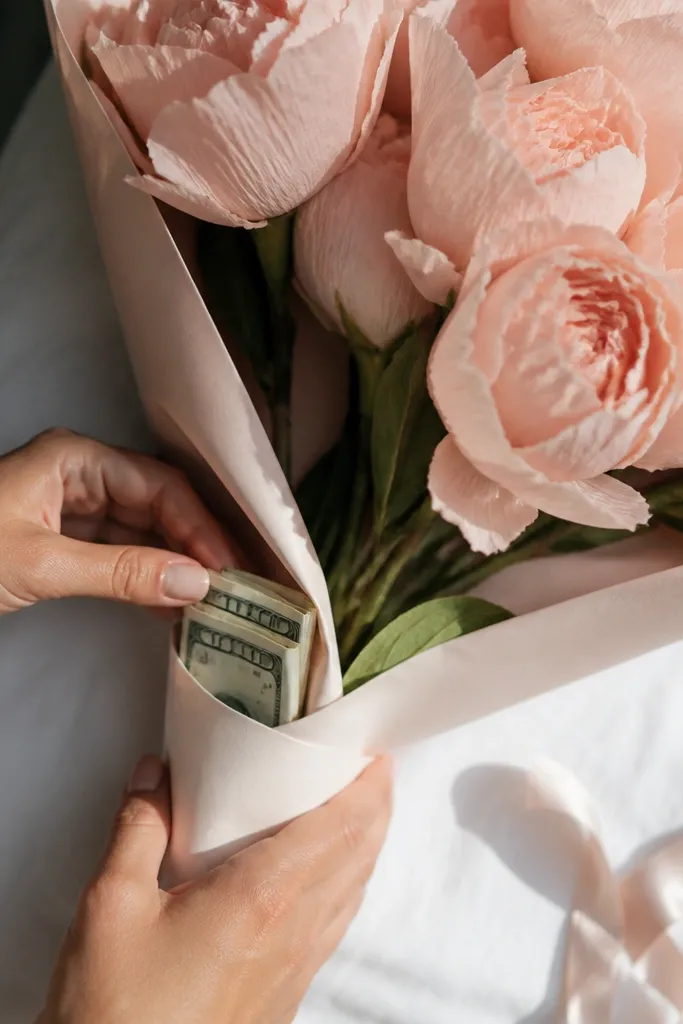 Blush crepe roses with a hidden pocket at the base holding folded bills