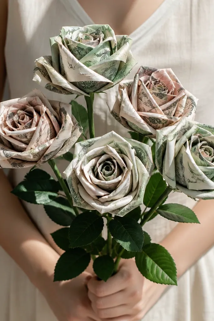 Folded bill lotus flowers arranged like roses on green stems