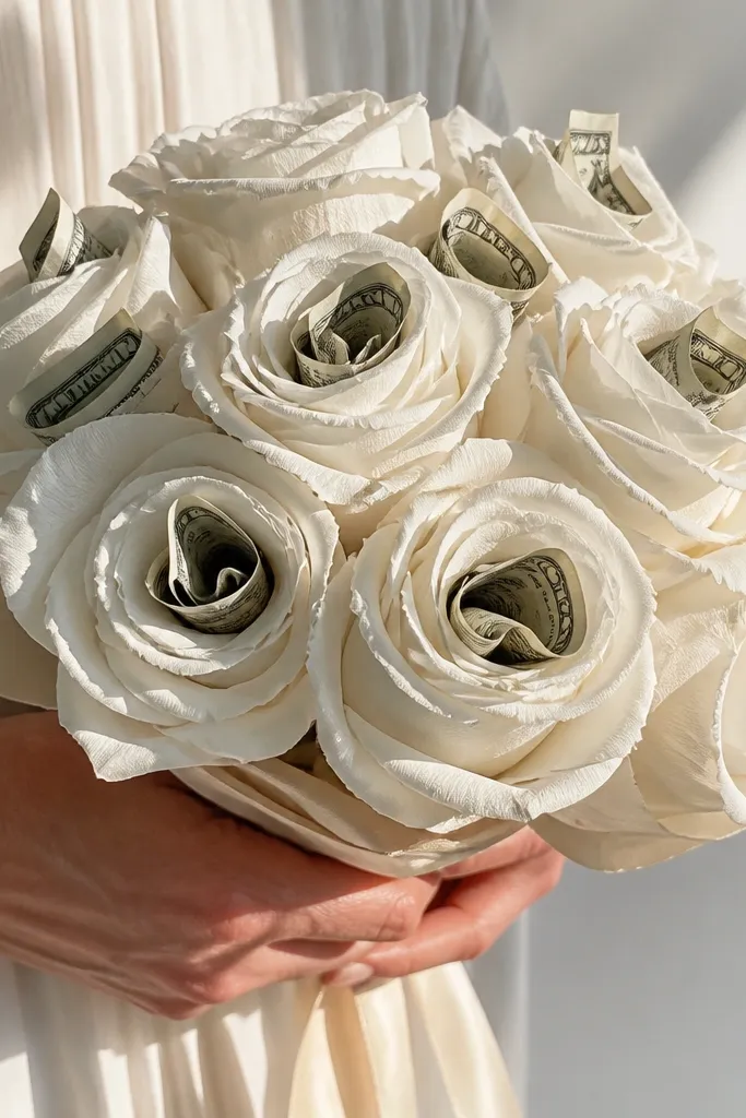 White coffee filter roses holding folded bills in the center