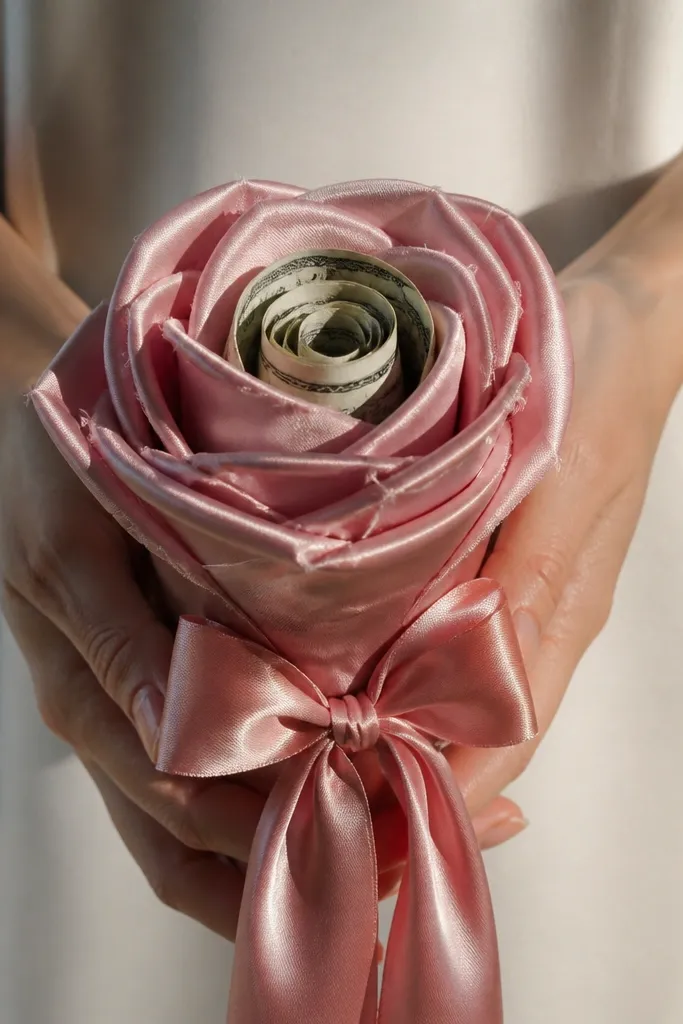 Fabric rose petals with a money bill center wrapped in satin ribbon