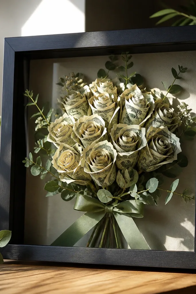 Money rose bouquet displayed inside a shadow box frame with greenery