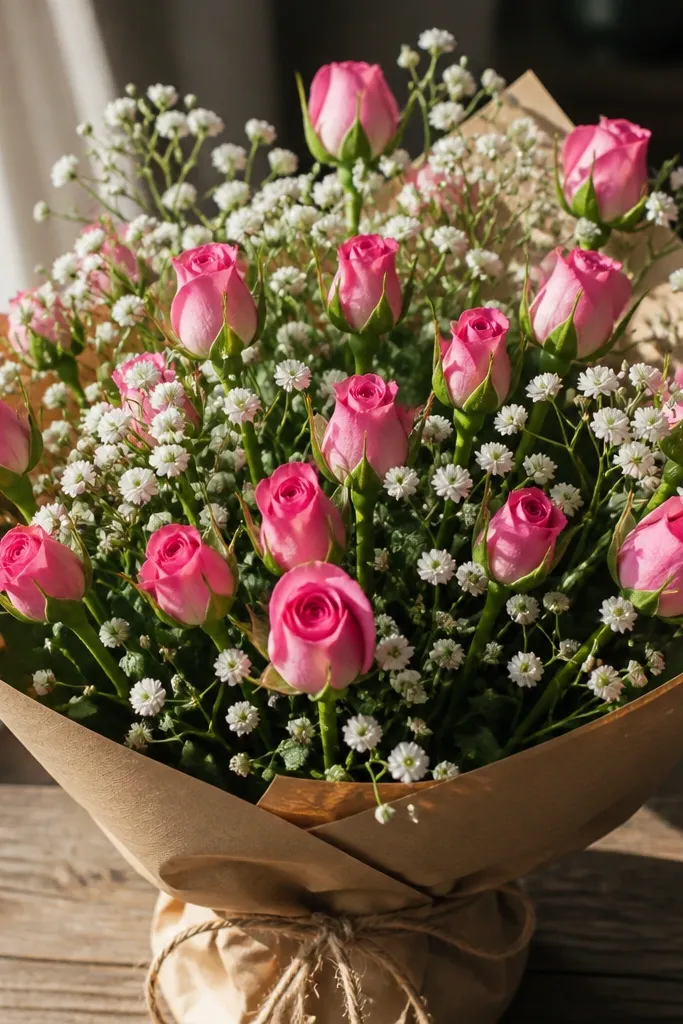 Small bill rose buds mixed with tiny white filler flowers in a bouquet
