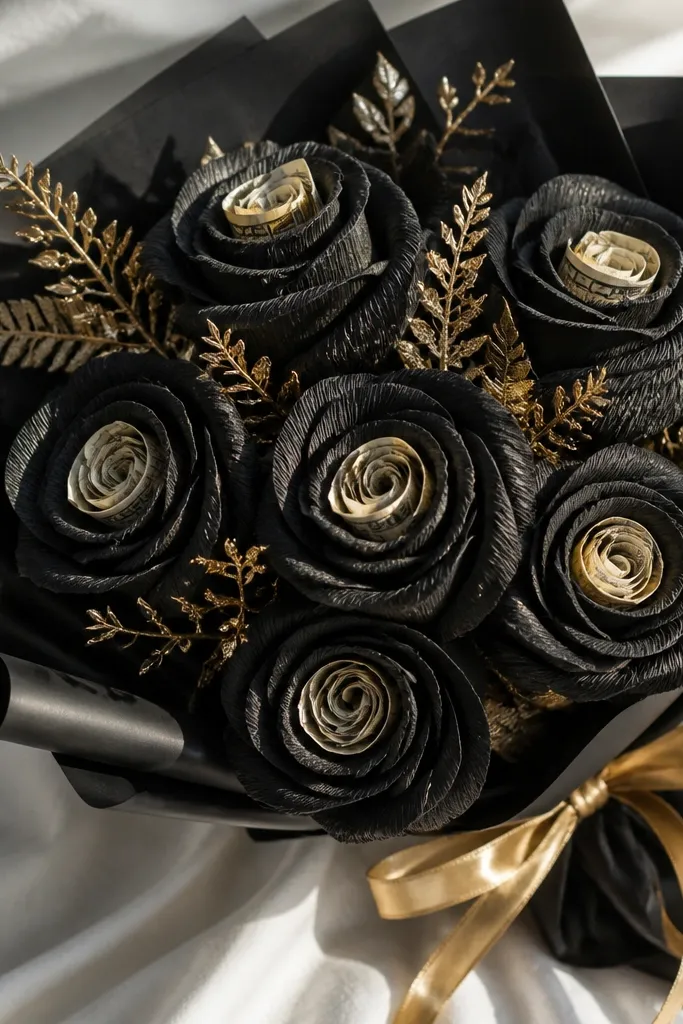 Black crepe roses with gold money strip center and gold ribbon accents