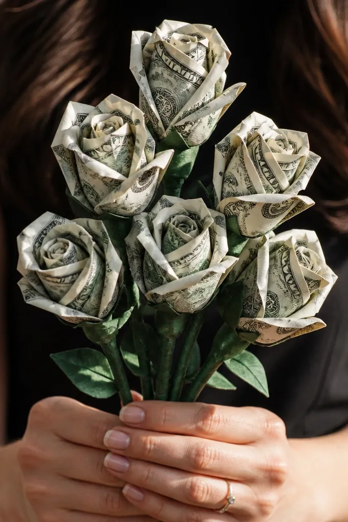 Folded money origami roses facing forward with green stems