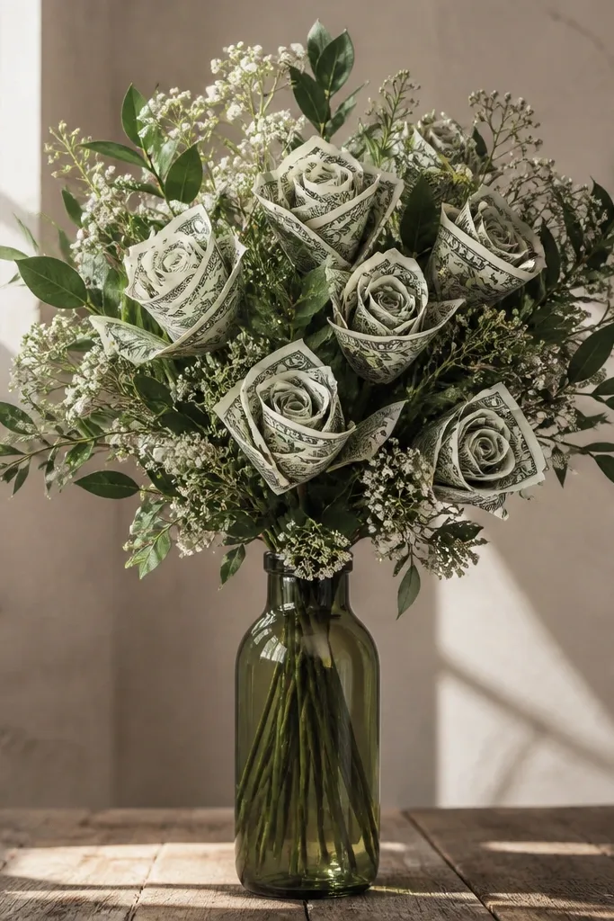 Money rose bouquet in a tall bottle with greenery framing roses