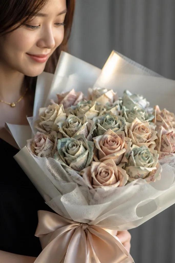 Satin ribbon tied bouquet with layered money rose heads