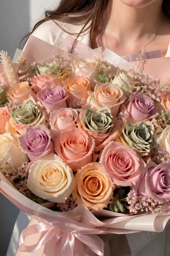 Ombre roses with money centers in a pastel bouquet