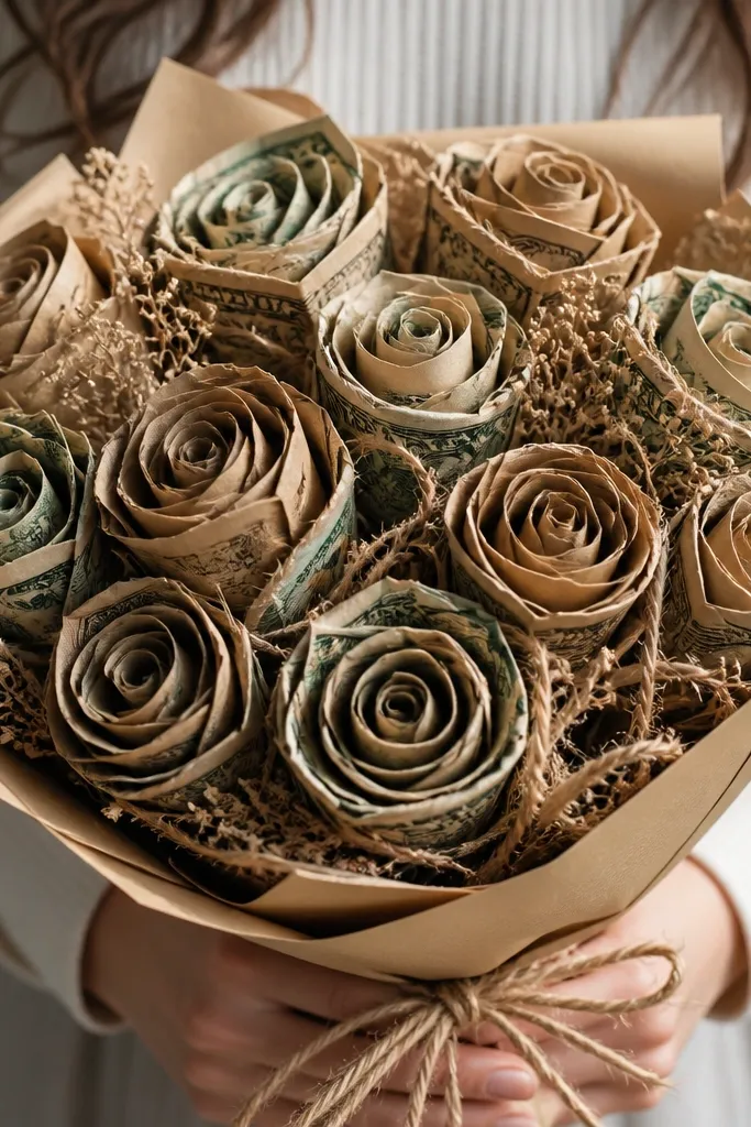 Kraft paper roses with visible bill edges and twine accents