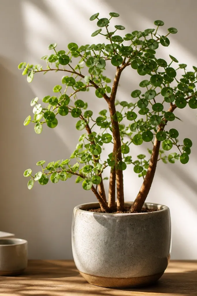 Money rose branches arranged like a small tree in a pot