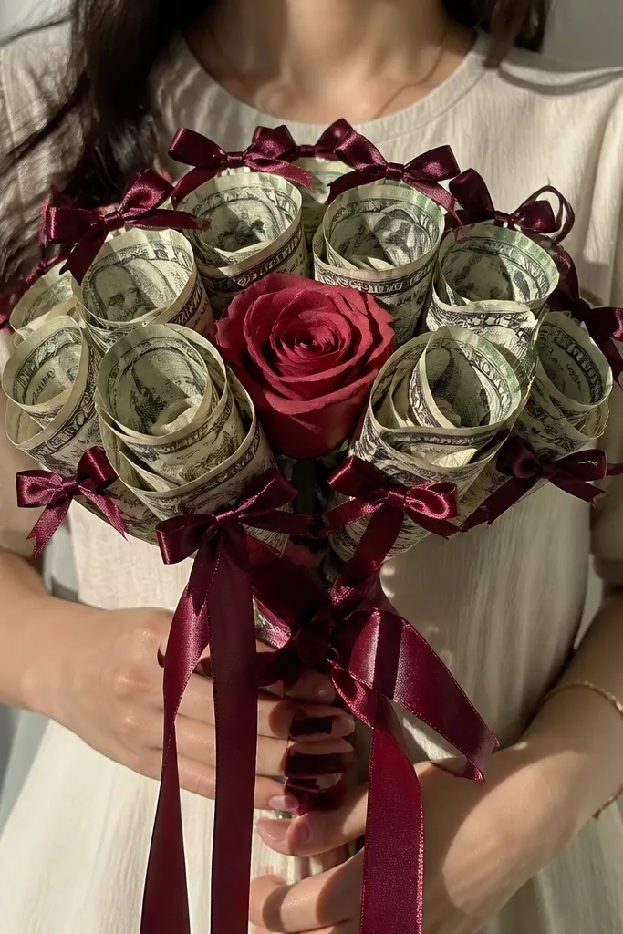 Money rose lollipop bouquet with ribbon stems and small bows