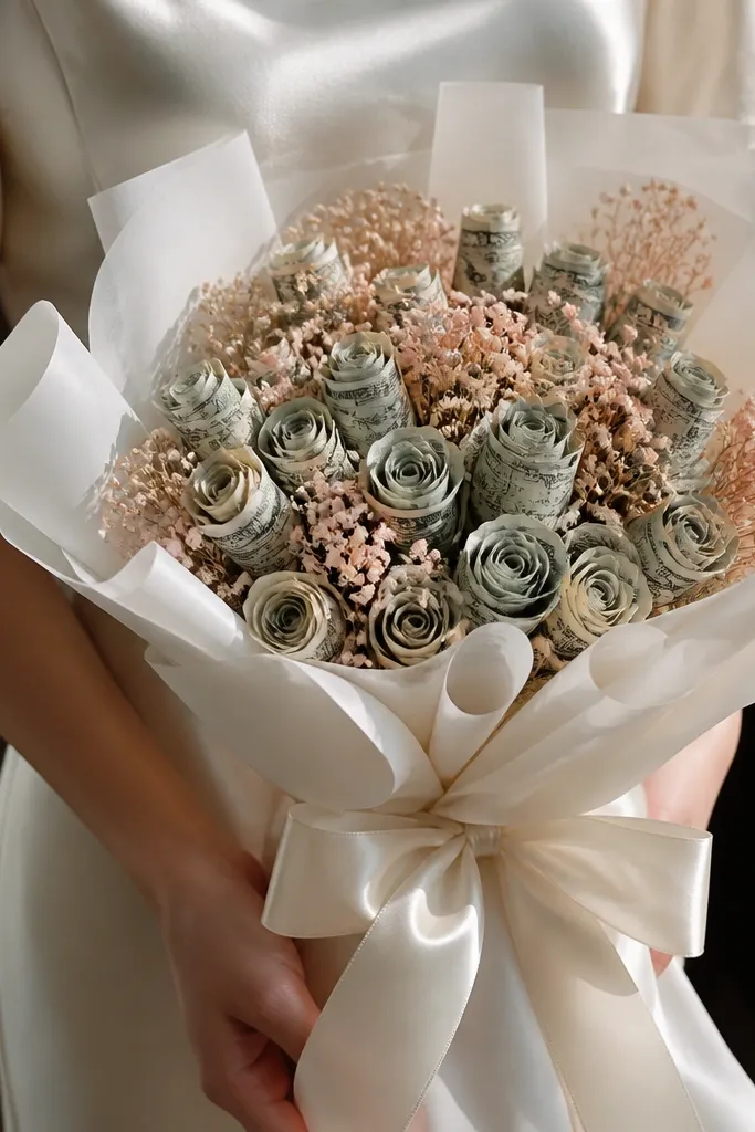 White satin bow bouquet with rolled bill roses and blush filler