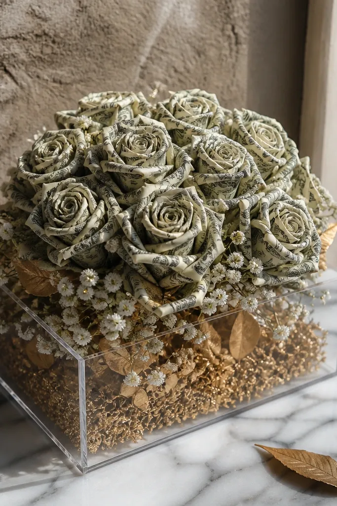 Money rose bouquet inside a clear cube stand with gold filler