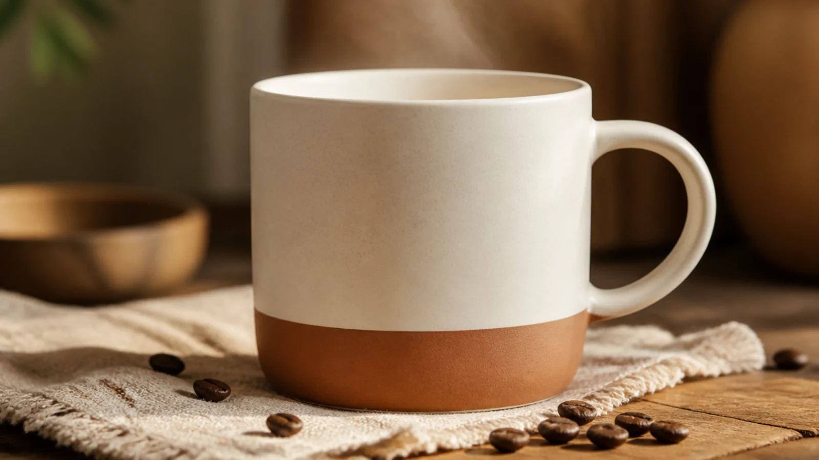 A white mug with the bottom third dipped in a muted clay-terracotta tone in one clean level band.