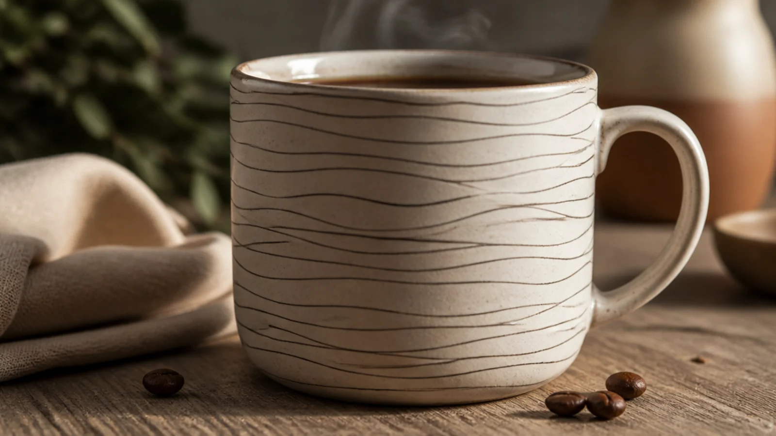 A cream mug with several thin, evenly spaced charcoal wavy lines flowing horizontally around the body.