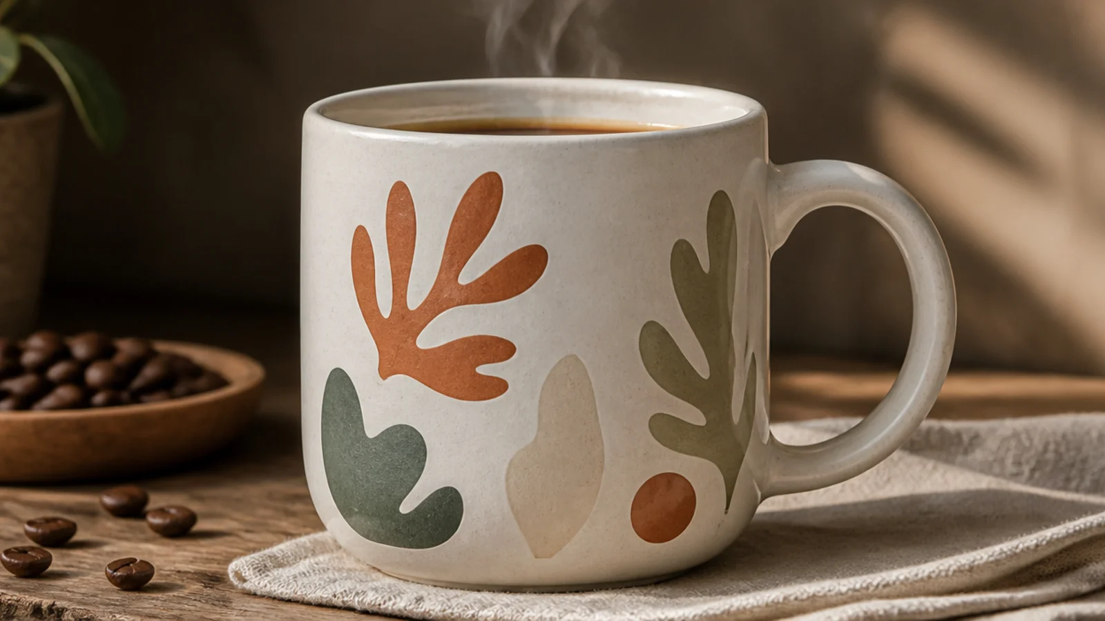 A white mug with a few organic Matisse-style cut-out shapes in terracotta and sage arranged across the front.