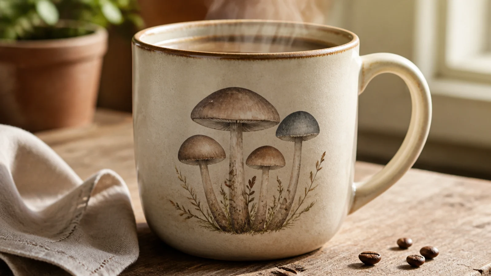 A cream mug with a small cluster of muted-toned mushrooms with domed caps and slim stems on the front.