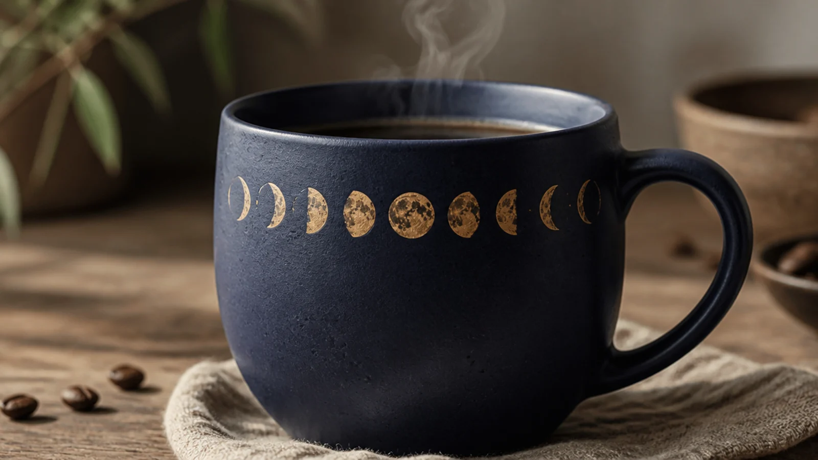 A navy mug with a row of gold moon phases from crescent to full and back running around below the rim.