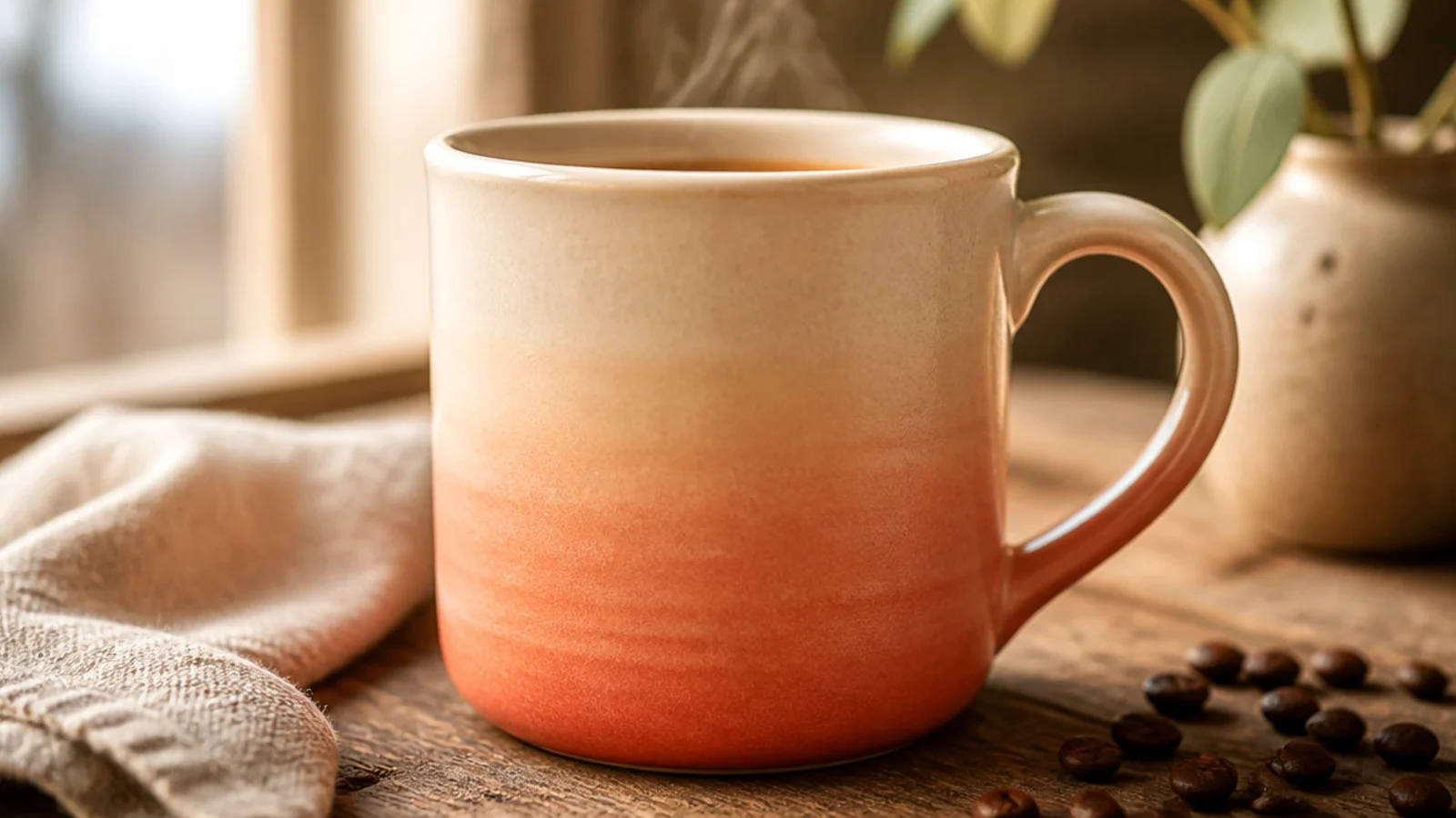 A mug with a soft sunset ombre, muted coral at the base fading up through peach to cream near the rim.
