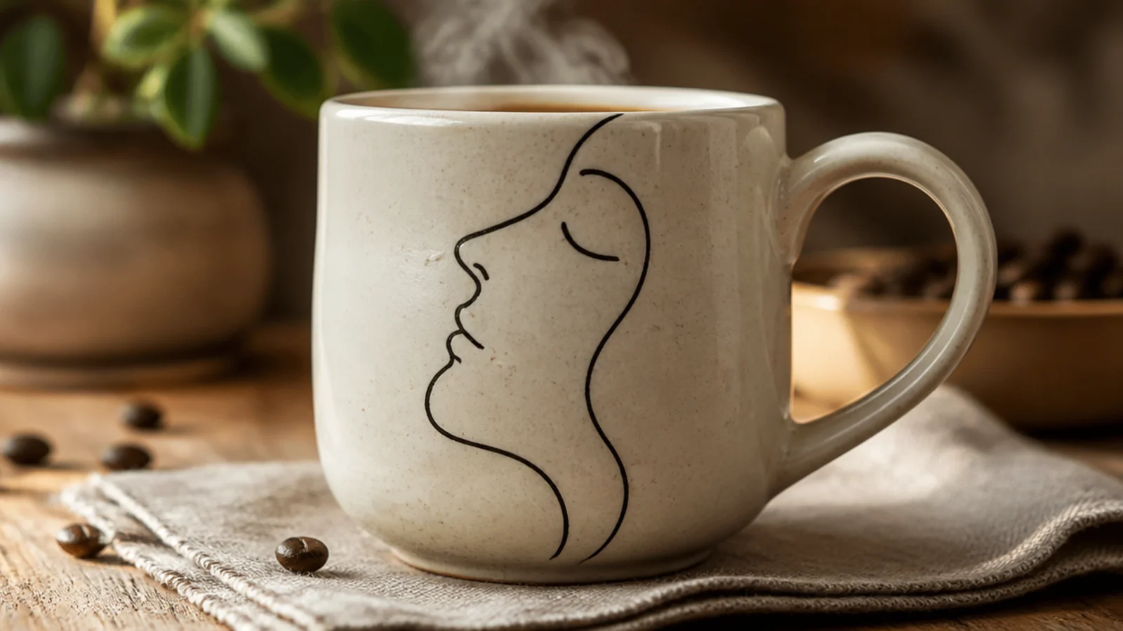A cream mug with a single continuous black line drawing of an abstract face in profile on the front.