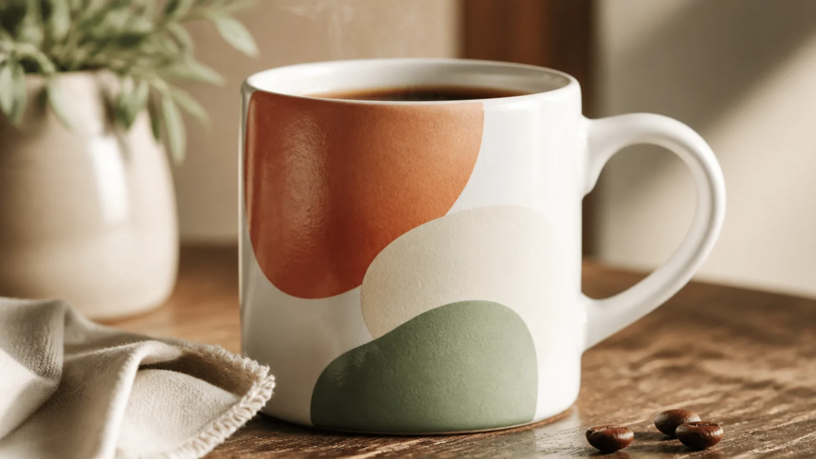 A white mug with a few overlapping organic color-field blobs in terracotta, sage, and cream on the front.