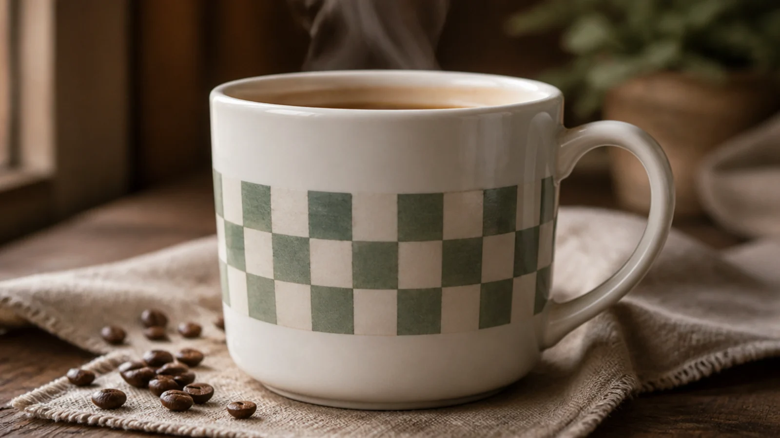 A white mug with a single band of sage-and-cream checkerboard squares wrapping around the middle.